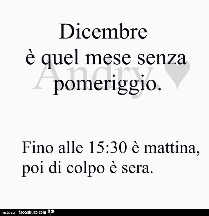 Dicembre è quel mese senza pomeriggio. Fino alle 15: 30 è mattina, poi di colpo è sera