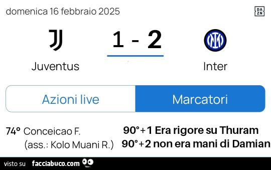 Juventus 1 Inter 2. Era rigore su Thuram. Non era mani di Darmian