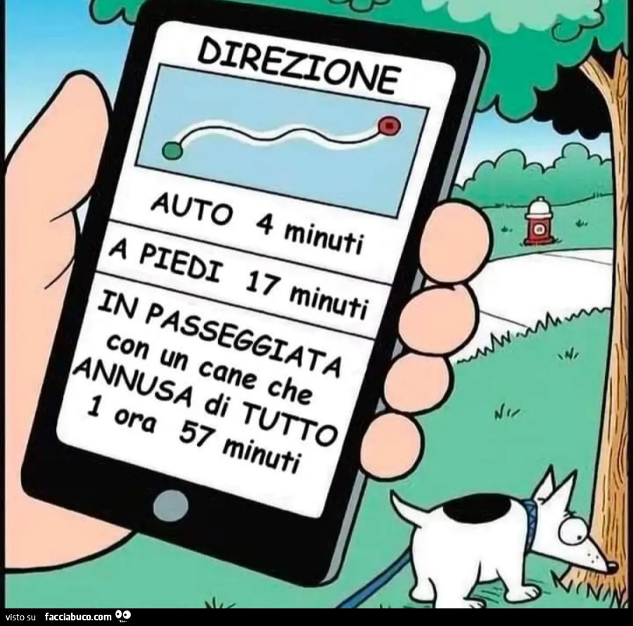 Direzione auto a piedi in passeggiata col cane che annusa tutto vignetta