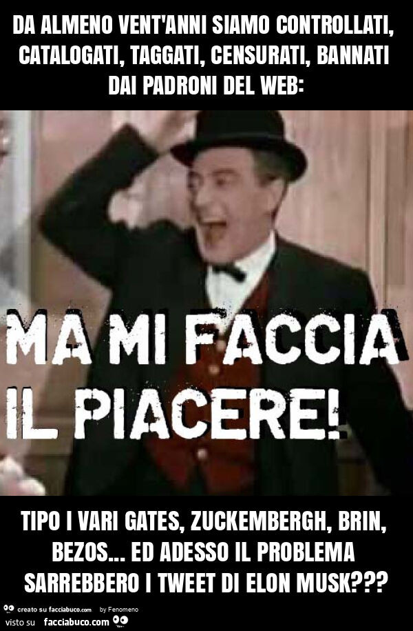 Da almeno vent'anni siamo controllati, catalogati, taggati, censurati, bannati dai padroni del web: tipo i vari gates, zuckembergh, brin, bezos… ed adesso il problema sarrebbero i tweet di elon musk?