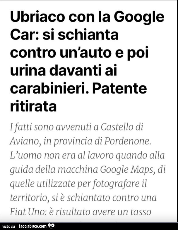 Ubriaco con la google car: si schianta contro un'auto e poi urina davanti ai carabinieri. Patente ritirata