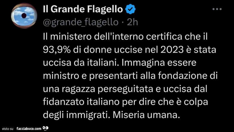 Il ministero dell'interno certifica che il 93,9% di donne uccise nel 2023 è stata uccisa da italiani