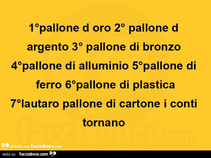 1°pallone d oro 2° pallone d argento 3° pallone di bronzo 4°pallone di alluminio 5°pallone di ferro 6°pallone di plastica 7°lautaro pallone di cartone i conti tornano 