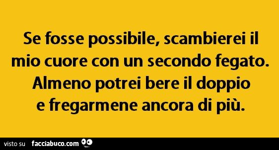 Se fosse possibile, scambierei il mio cuore con un secondo fegato. Almeno potrei bere il doppio e fregarmene ancora di più