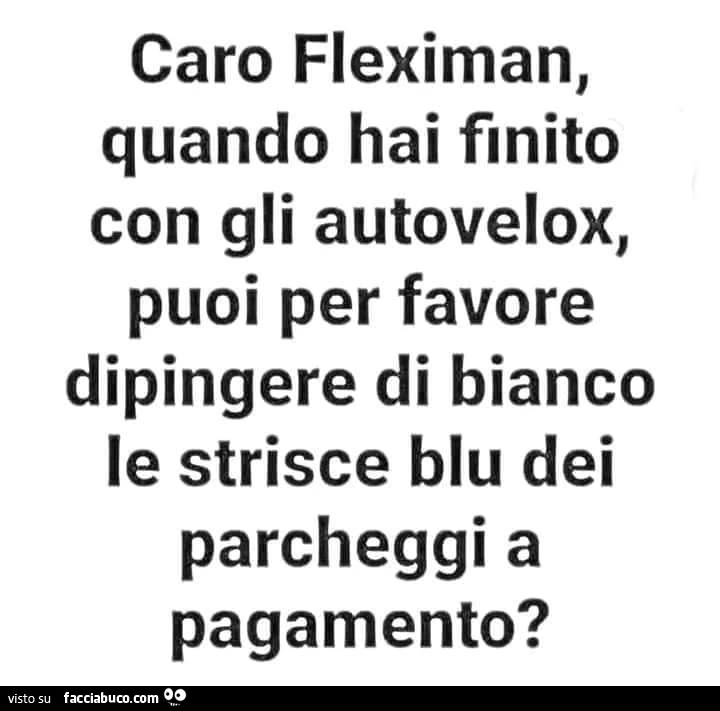 Caro fleximan, quando hai finito con gli autovelox, puoi per favore dipingere di bianco le strisce blu dei parcheggi a pagamento?