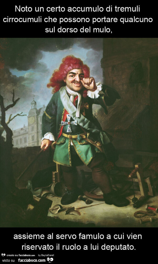 Noto un certo accumulo di tremuli cirrocumuli che possono portare qualcuno sul dorso del mulo, assieme al servo famulo a cui vien riservato il ruolo a lui deputato. Johann Georg Dathan: Ritratto di Clemens Perkeo, giullare alla corte di Heidelberg