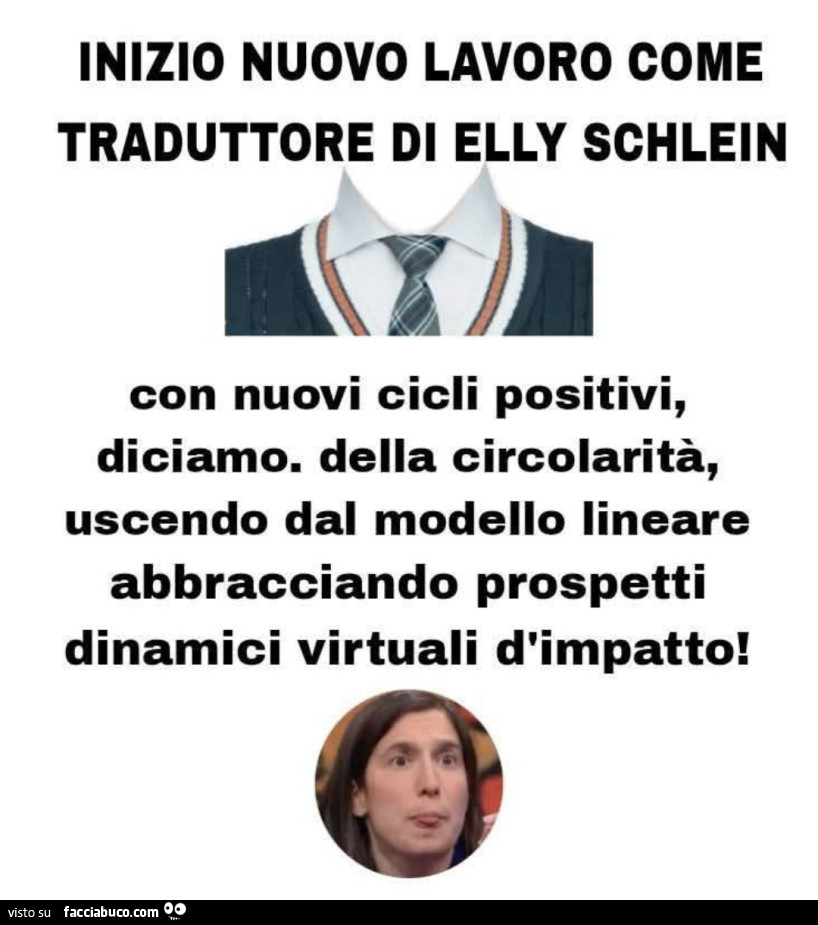 Inizio nuovo lavoro come traduttore di elly schlein. Con nuovi cicli positivi, diciamo. Della circolarità, uscendo dal modello lineare abbracciando prospetti dinamici virtuali d'impatto