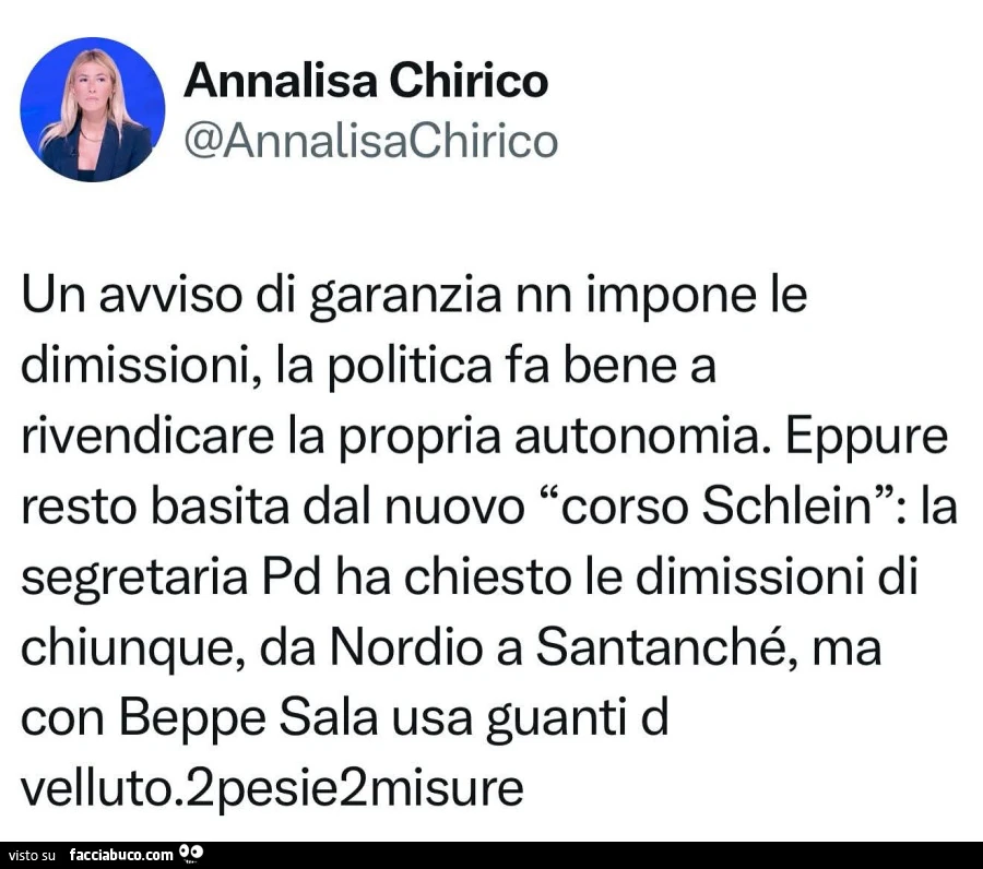 Un avviso di garanzia nn impone le dimissioni, la politica fa bene a rivendicare la propria autonomia. Eppure resto basita dal nuovo corso schlein: la segretaria pd ha chiesto le dimissioni di chiunque, da nordio a santanché, ma con beppe sala usa guanti 