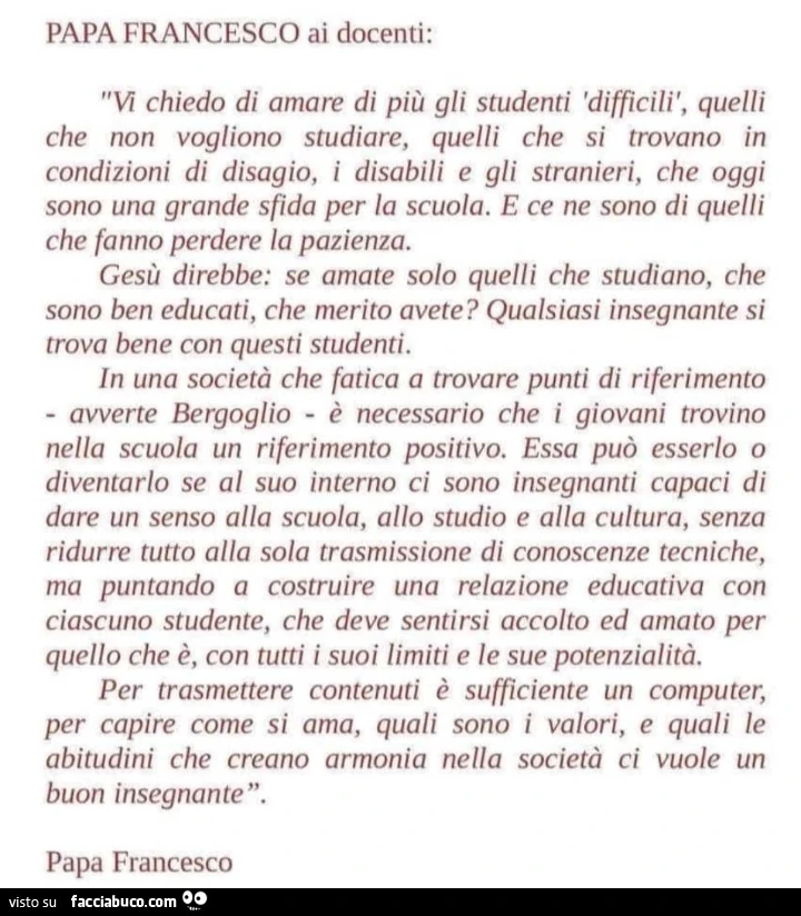 Papa francesco ai docenti