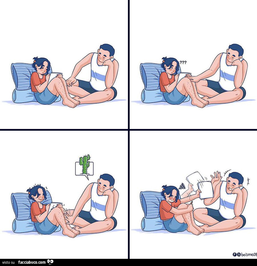 Vignetta di vita di coppia x depilato gambe che pungono come cactus