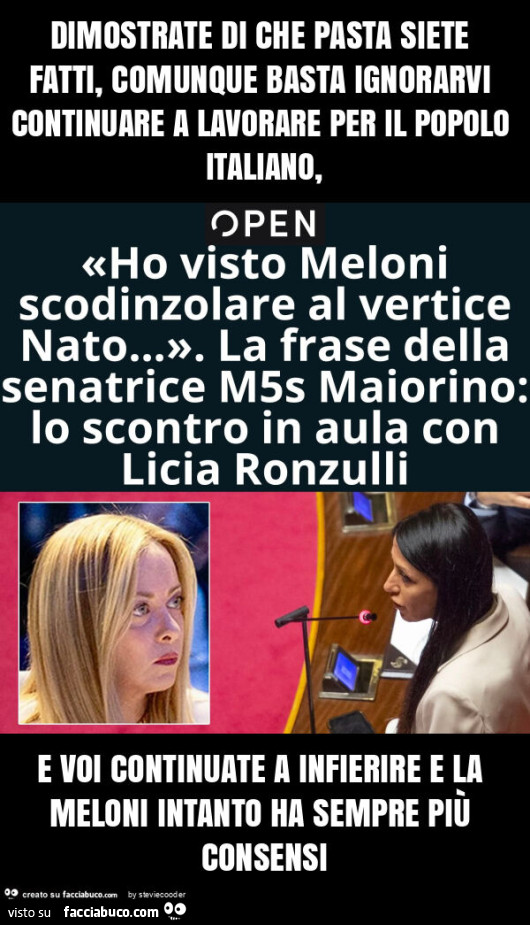 Dimostrate di che pasta siete fatti, comunque basta ignorarvi continuare a lavorare per il popolo italiano, e voi continuate a infierire e la meloni intanto ha sempre più consensi