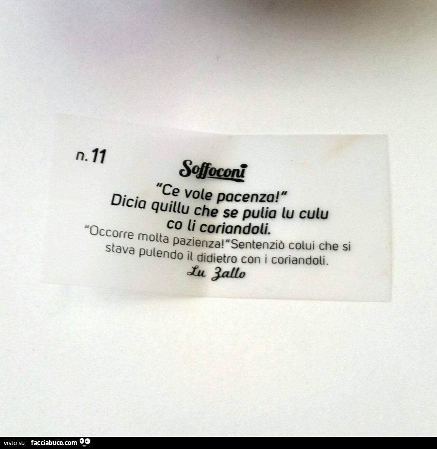 Ce vole pacenzal dicia quillu che se pulia lu culu co li coriandoli. Occorre molta pazienza! Sentenziò colui che si stava pulendo il didietro con i coriandoli