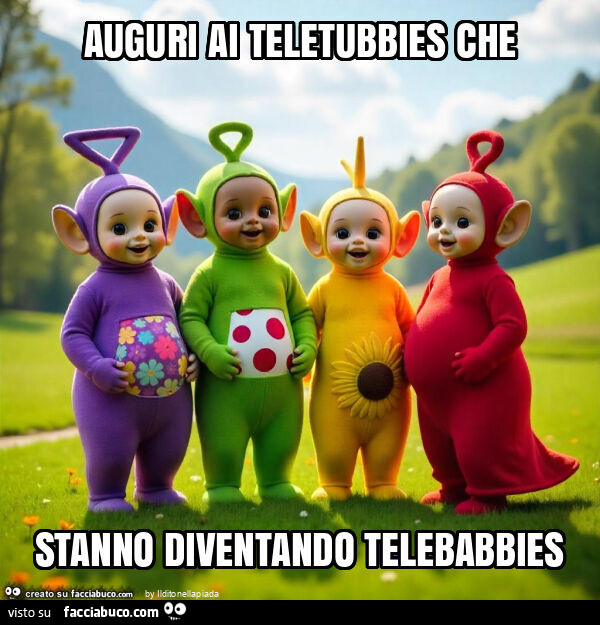 Auguri ai teletubbies che stanno diventando telebabbies
