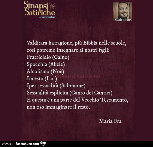 Valditara ha ragione, più bibbia nelle scuole, così potremo insegnare ai nostri figli: fratricidio spocchia alcolismo incesto iper sessualità sessualità esplicita e questa è una parte del vecchio testamento, non oso immaginare il resto