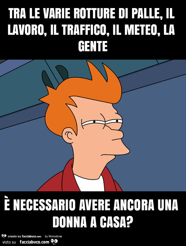 Tra le varie rotture di palle, il lavoro, il traffico, il meteo, la gente è necessario avere ancora una donna a casa?