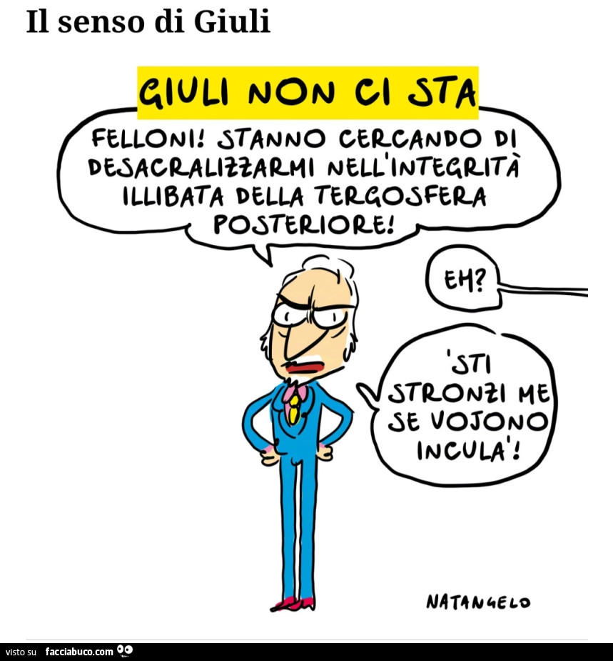 Il senso di giuli. Giuli non ci sta. Felloni! Stanno cercando di descralizzarmi nell'integrità illibata della tergosfera posteriore