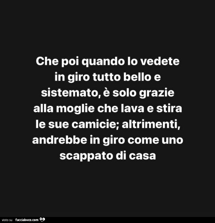 Che poi quando lo vedete in giro tutto bello e sistemato, è solo grazie alla moglie che lava e stira le sue camicie; altrimenti, andrebbe in giro come uno scappato di casa