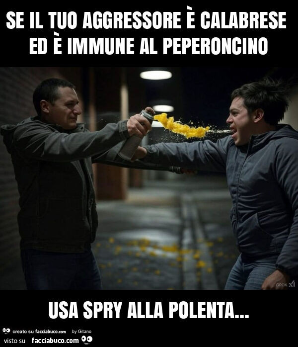 Se il tuo aggressore è calabrese ed è immune al peperoncino usa spry alla polenta