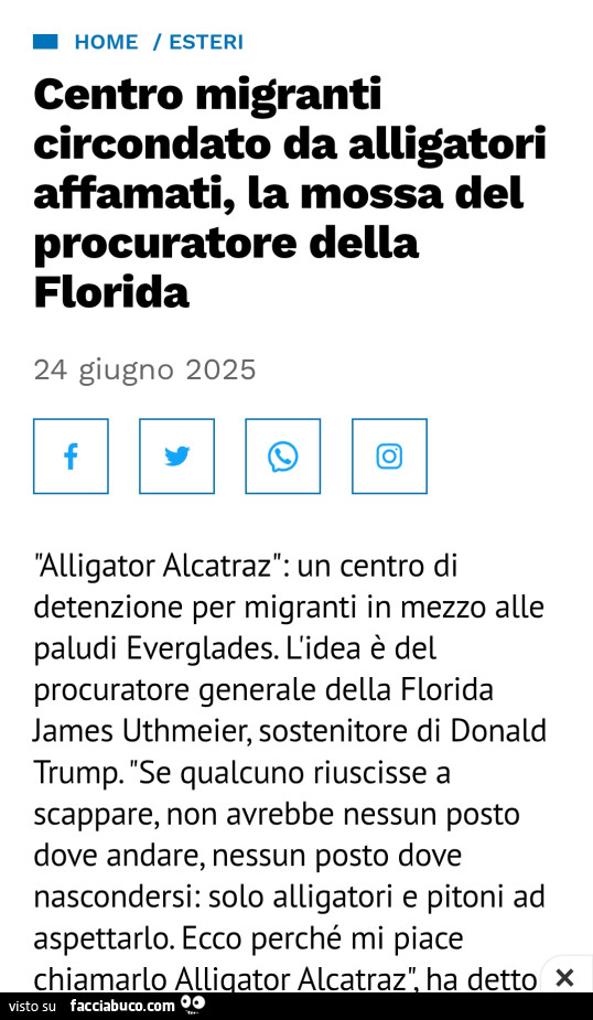 Centro migranti circondato da alligatori affamati, la mossa del procuratore della florida