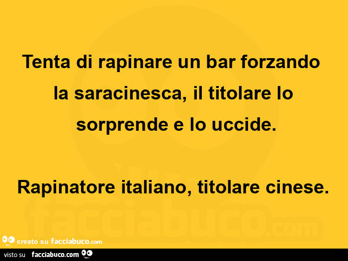 Tenta di rapinare un bar forzando la saracinesca, il titolare lo sorprende e lo uccide. Rapinatore italiano, titolare cinese