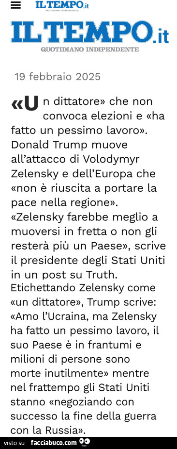 Un dittatore che non convoca elezioni e ha fatto un pessimo lavoro. Donald trump muove all'attacco di volodymyr zelensky e dell'europa che non è riuscita a portare la pace nella regione