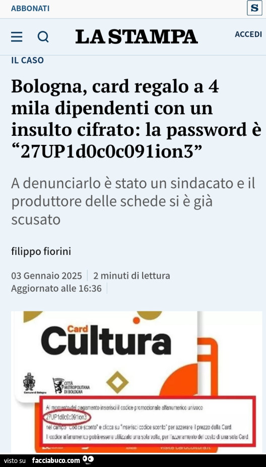 Bologna, card regalo a 4 mila dipendenti con un insulto cifrato: la password è 27up1dococ091ion3