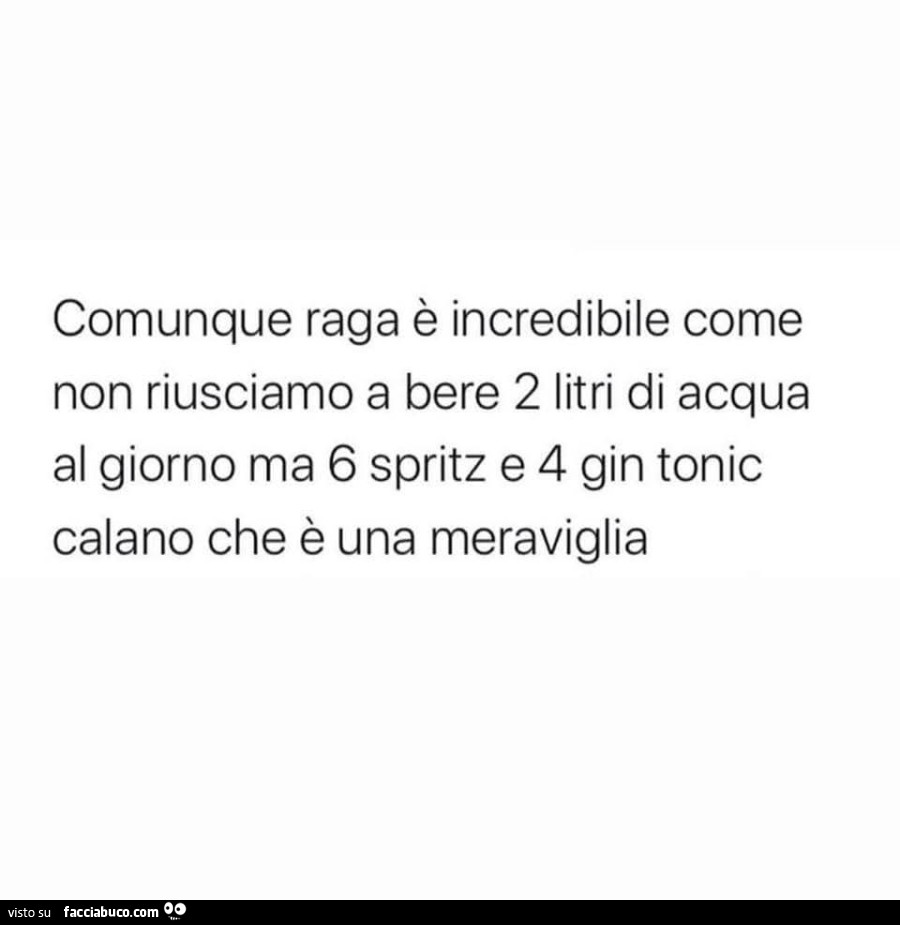 Comunque raga è incredibile come non riusciamo a bere 2 litri di acqua al giorno ma 6 spritz e 4 gin tonic calano che è una meraviglia