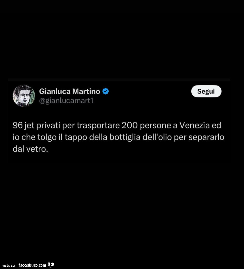 96 jet privati per trasportare 200 persone a venezia ed io che tolgo il tappo della bottiglia dell'olio per separarlo dal vetro