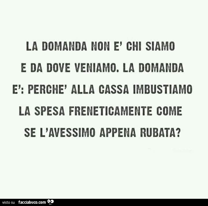 La domanda non è chi siamo e da dove veniamo. La domanda è: perchè alla cassa imbustiamo la spesa freneticamente come se l'avessimo appena rubata?