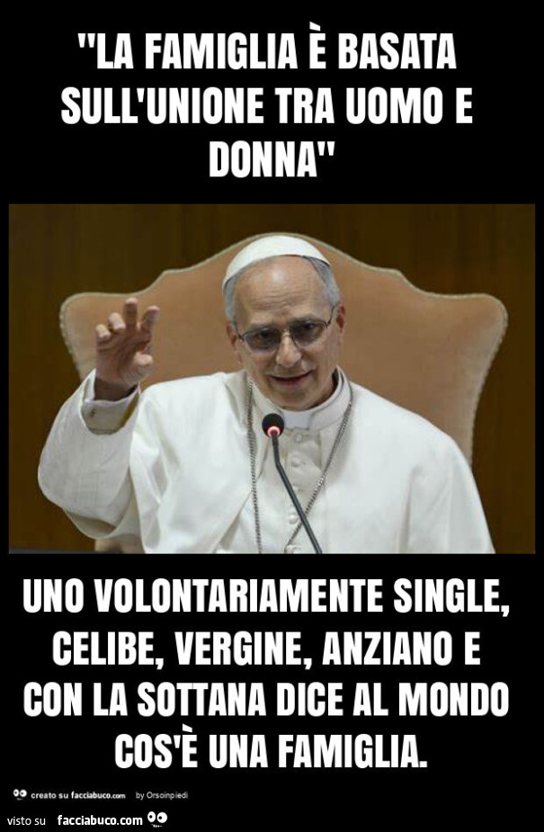 "la famiglia è basata sull'unione tra uomo e donna" uno volontariamente single, celibe, vergine, anziano e con la sottana dice al mondo cos'è una famiglia