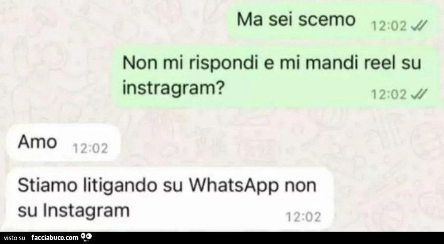 Ma sei scemo, non mi rispondi e mi mandi reel su instagram? Amo stiamo litigando su whatsapp non su instagram
