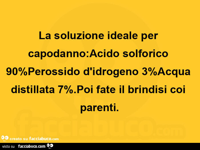 La soluzione ideale per capodanno: acido solforico 90%perossido d'idrogeno 3¬qua distillata 7%. Poi fate il brindisi coi parenti