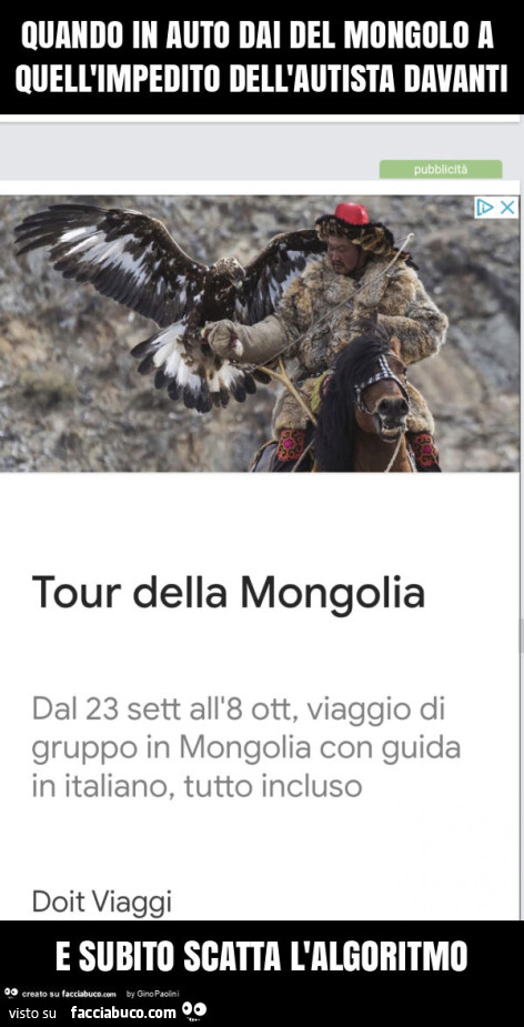 Quando in auto dai del mongolo a quell'impedito dell'autista davanti e subito scatta l'algoritmo