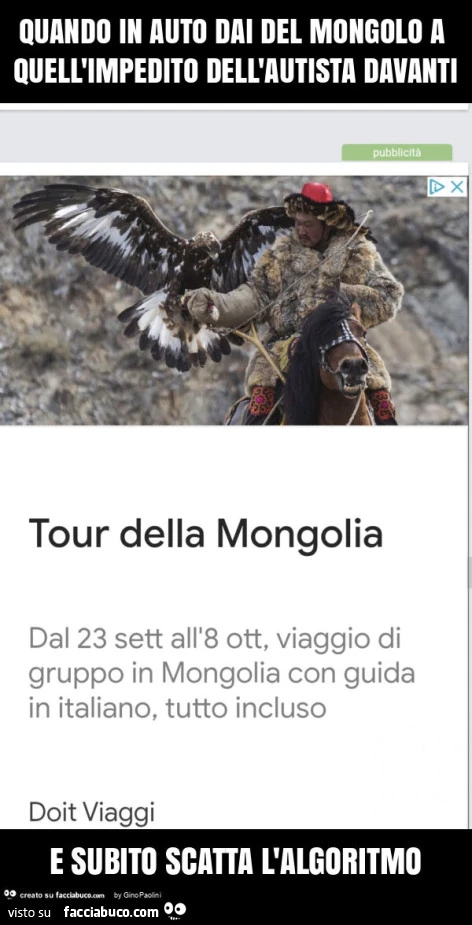 Quando in auto dai del mongolo a quell'impedito dell'autista davanti e subito scatta l'algoritmo