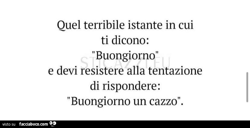 Quel terribile istante in cui ti dicono: buongiorno e devi resistere alla tentazione di rispondere: buongiorno un cazzo