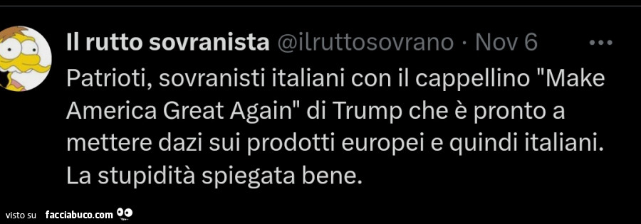 Patrioti, sovranisti italiani con il cappellino make america great again di trump che è pronto a mettere dazi sui prodotti europei e quindi italiani. La stupidità spiegata bene