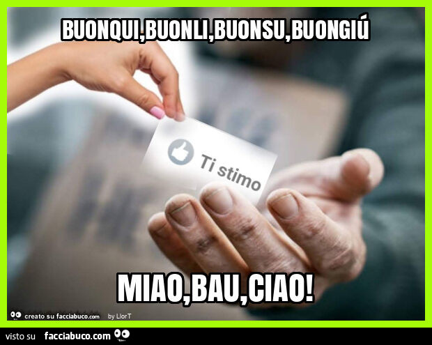 Buonqui, buonli, buonsu, buongiú miao, bau, ciao