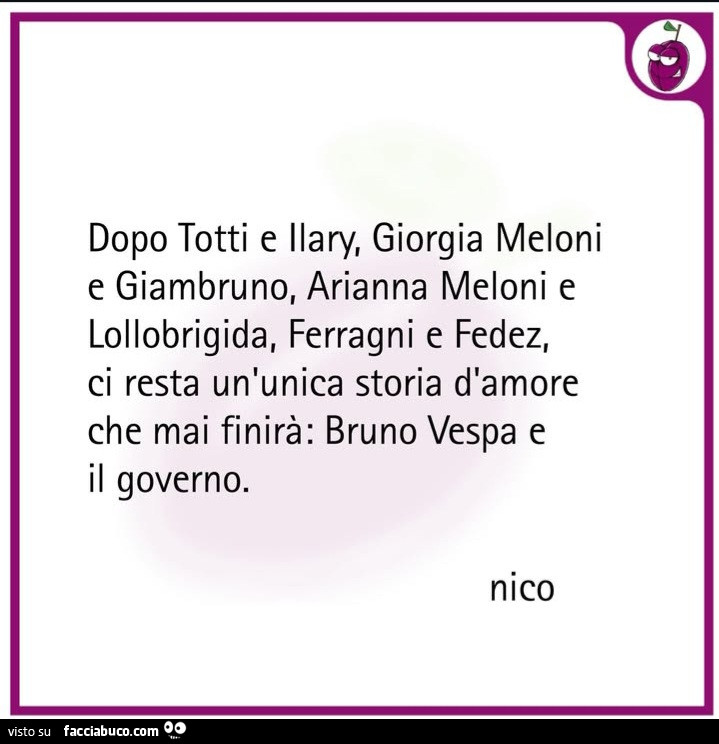 Dopo totti e ilary, giorgia meloni e giambruno, arianna meloni e lollobrigida, ferragni e fedez, ci resta un'unica storia d'amore che mai finirà: bruno vespa e il governo