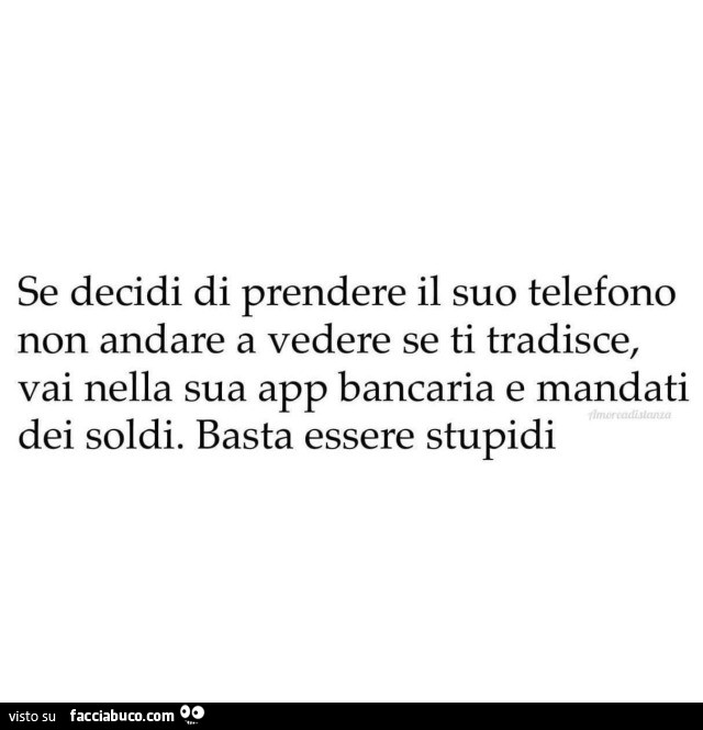 Se decidi di prendere il suo telefono non andare a vedere se ti tradisce, vai nella sua app bancaria e mandati dei soldi. Basta essere stupidi