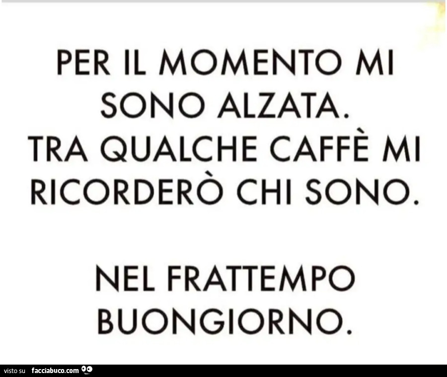 Per il momento mi sono alzata. Tra qualche caffè mi ricorderò chi sono. Nel frattempo buongiorno