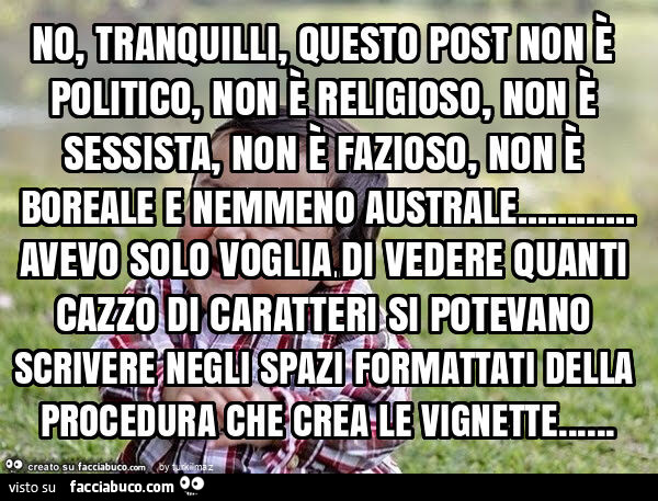 No, tranquilli, questo post non è politico, non è religioso, non è sessista, non è fazioso, non è boreale e nemmeno australe… avevo solo voglia di vedere quanti cazzo di caratteri si potevano scrivere negli spazi formattati della procedura che crea