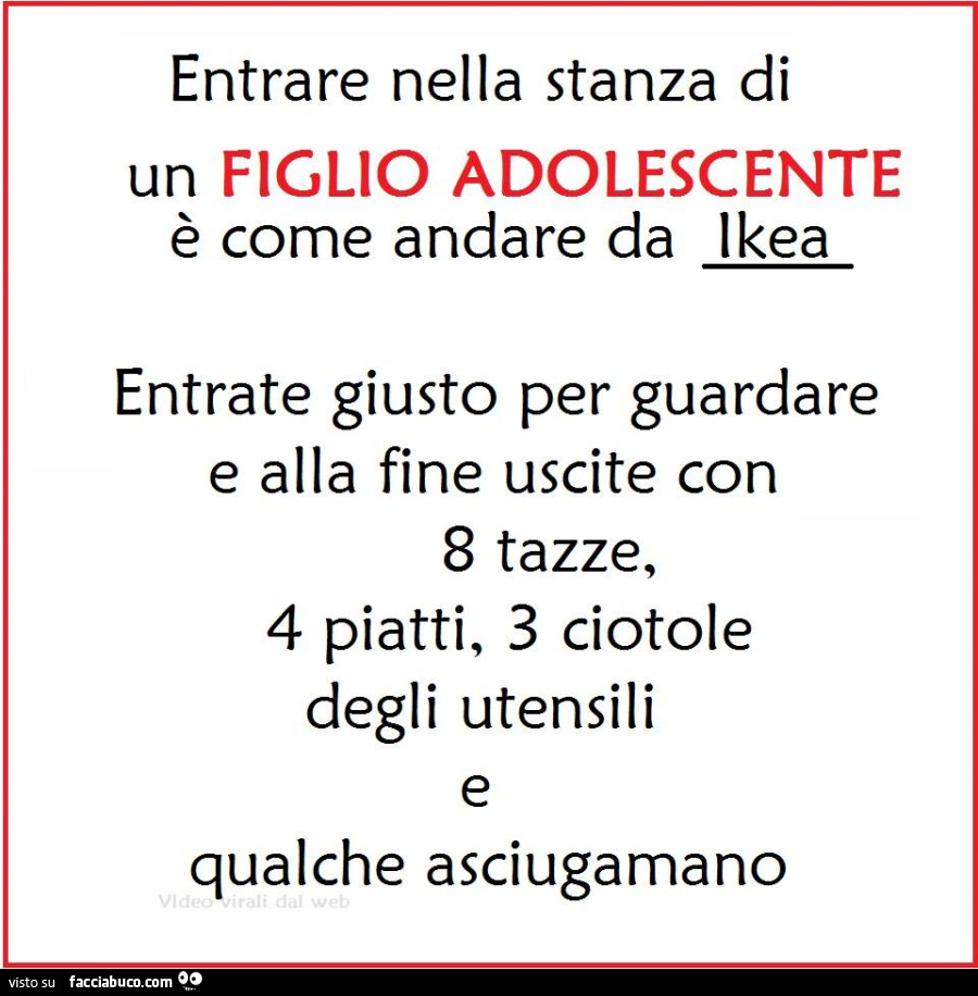 Entrare nella stanza di un figlio adolescente è come andare da ikea. Entrate giusto per guardare e alla fine uscite con 8 tazze, 4 piatti, 3 ciotole degli utensili e qualche asciugamano