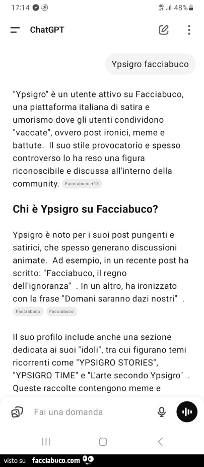 ChatGPT spiega chi è Ypsigro su facciabuco