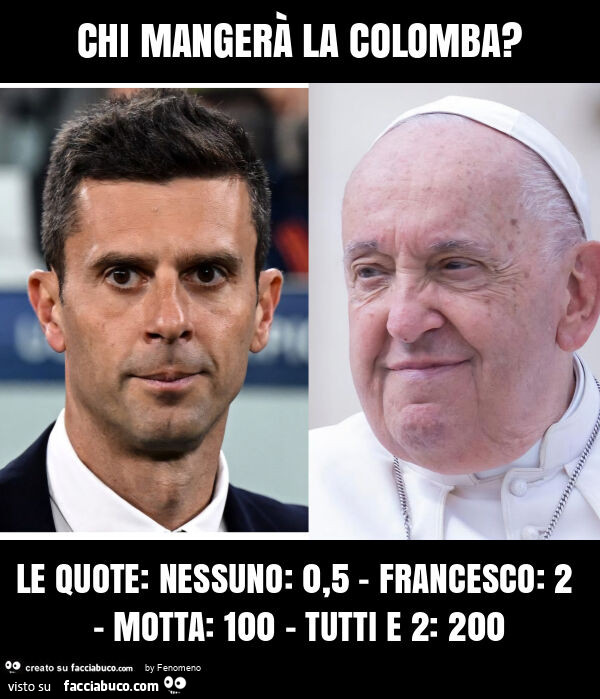 Chi mangerà la colomba? Le quote: nessuno: 0,5 - francesco: 2 - motta: 100 - tutti e 2: 200