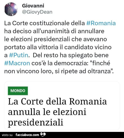 La corte costituzionale della romania ha deciso all'unanimità di annullare le elezioni presidenziali che avevano portato alla vittoria il candidato vicino a putin