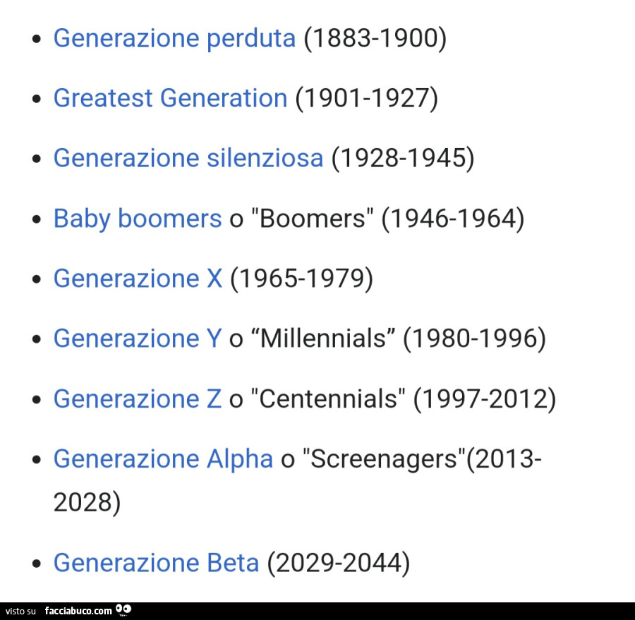 Generazione perduta. Greatest generation. Generazione silenziosa. Baby boomers o boomers. Generazione x. Generazione y o millennials. Generazione z o centennials