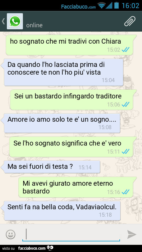 Ho sognato che mi tradivi con Chiara. Da quando l'ho lasciata prima di conoscere te non l'ho più vista. Sei un bastardo infingardo traditore. Amore io amo solo te è un sogno… Se l'ho sognato significa che è vero. Ma sei fuori di test