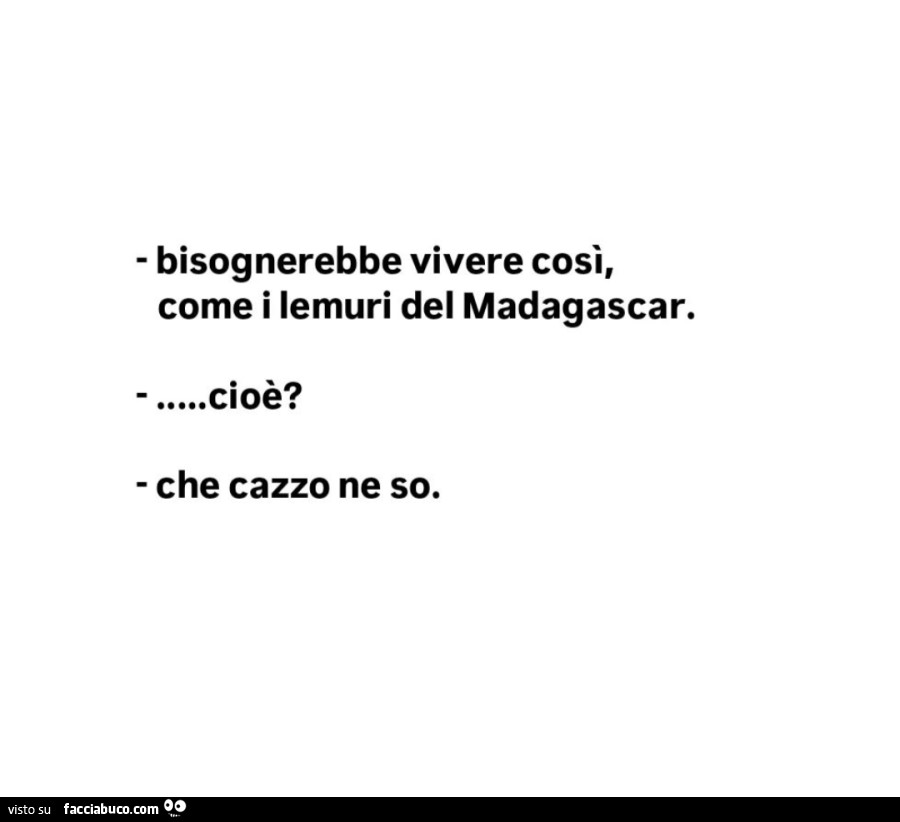 Bisognerebbe vivere così, come i lemuri del madagascar. Cioè? Che cazzo ne so
