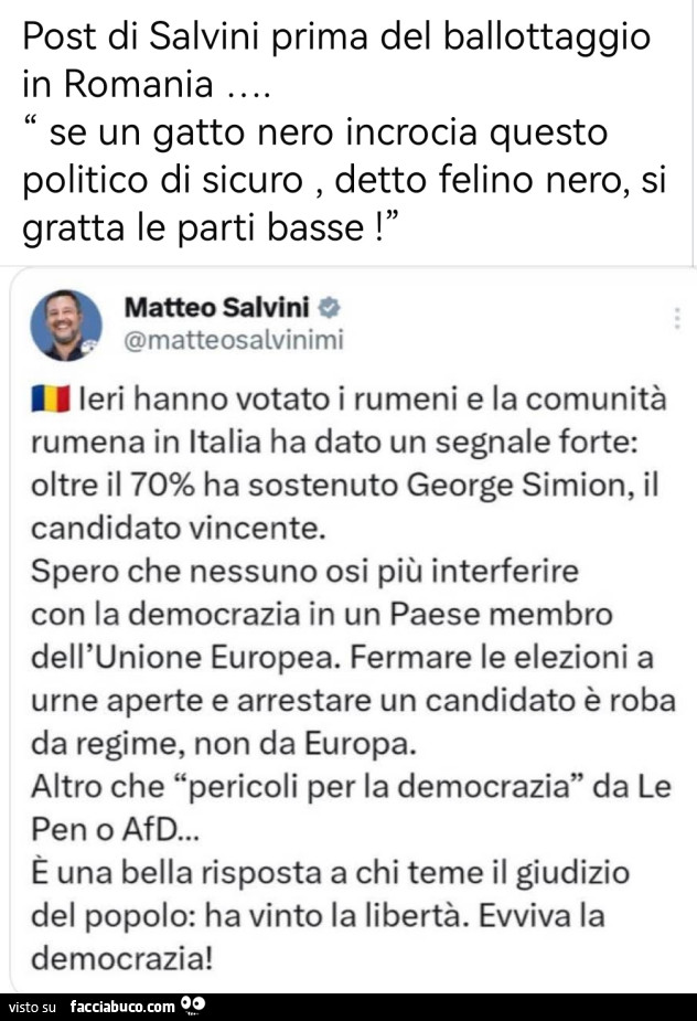 Post di Salvini prima del ballottaggio in romania: ieri hanno votato i rumeni e la comunità rumena in italia ha dato un segnale forte