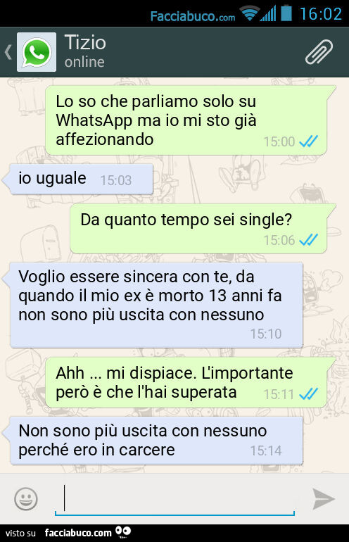 Lo so che parliamo solo su WhatsApp ma io mi sto già affezionando. Io uguale. Da quanto tempo sei single? Voglio essere sincera con te, da quando il mio ex è morto 13 anni fa non sono più uscita con nessuno. Ahh… mi dispiace. L'importante però